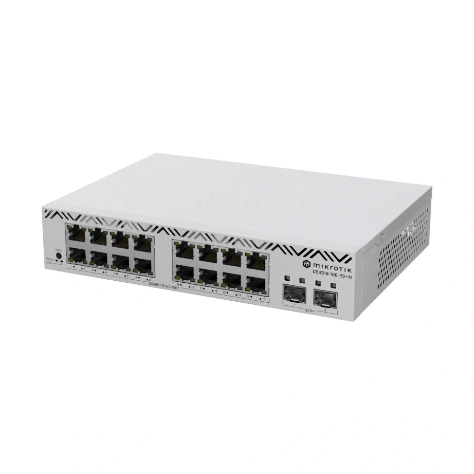 Switch Smart con 16 puertos Gigabit y 2 SFP+ 10G, SwOS, gabinete desktop y PSU. Solución eficiente para agregación de red.
