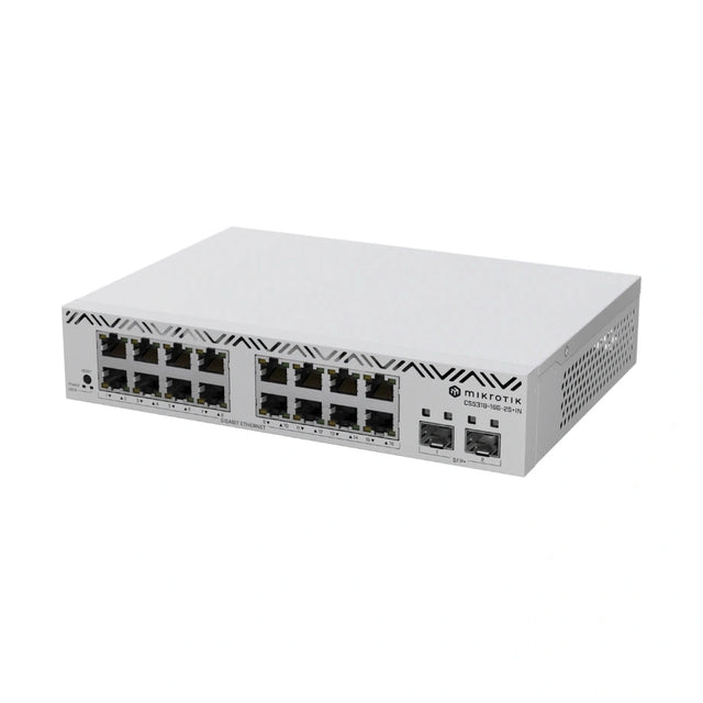 Switch Smart con 16 puertos Gigabit y 2 SFP+ 10G, SwOS, gabinete desktop y PSU. Solución eficiente para agregación de red.