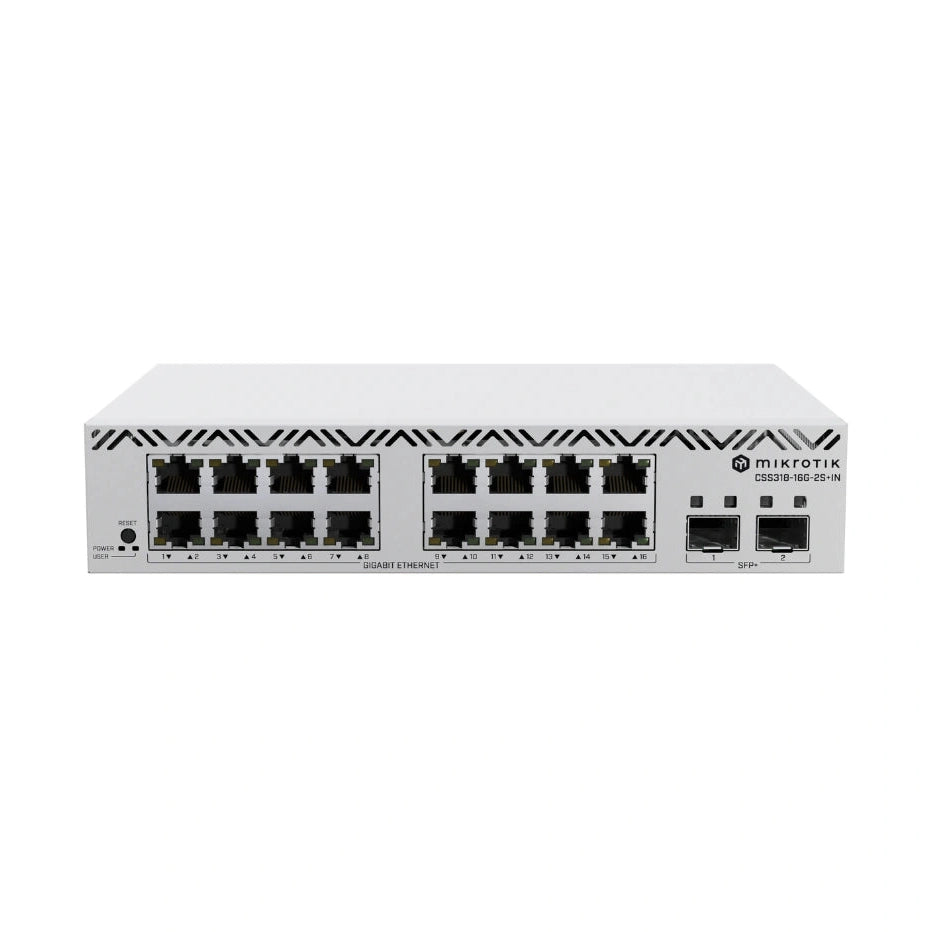Switch Smart con 16 puertos Gigabit y 2 SFP+ 10G, SwOS, gabinete desktop y PSU. Solución eficiente para agregación de red.