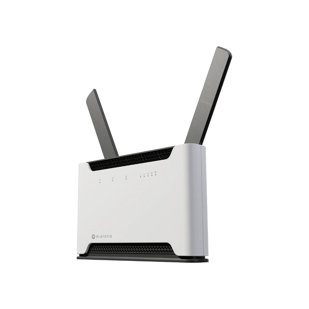 Chateau PRO ax Wi-Fi 6 dual band 4x4, CPU 2.2GHz, 1GB RAM, 5 Gigabit con PoE out, antenas externas y RouterOS L6 para alto rendimiento.