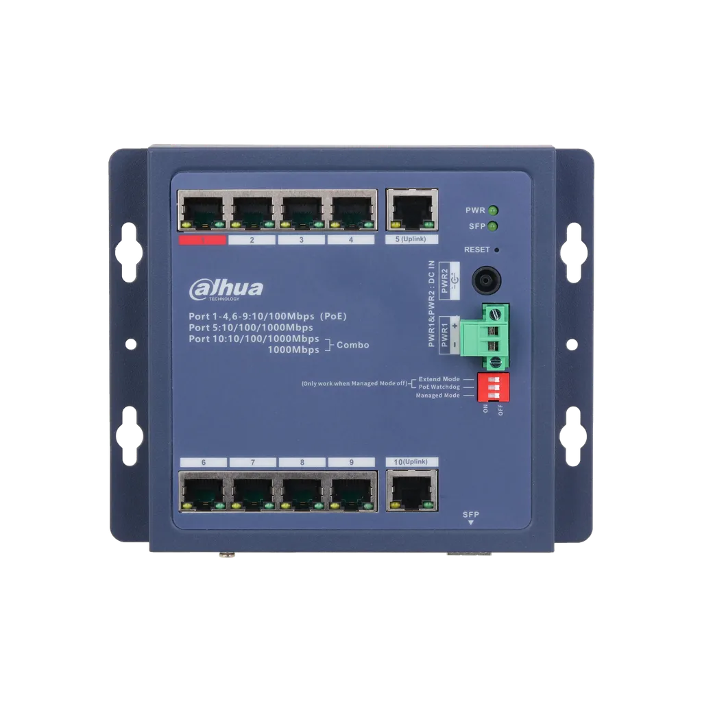 DH-CHS4206-4ET-90. Switch Dahua industrial, Puertos del 1-8 10/100 PoE 90 W y 9-10 10/100/1000, Layer 2 con administracion en nube, IP30 y IK06.