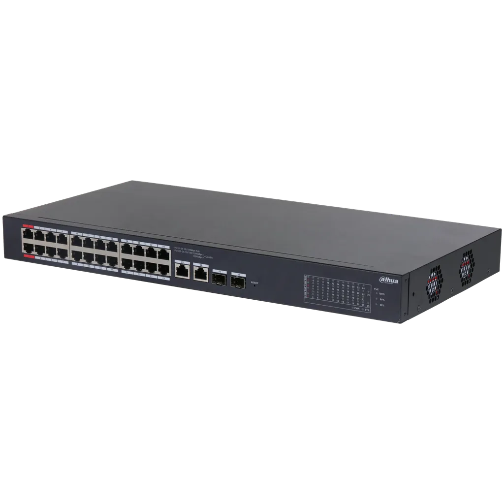 DH-CS4226-24ET-375. Switch Dahua de 24 puertos Peo 10/100 Mbps con administracion en cloud 2 puertos combos de 1Gbps