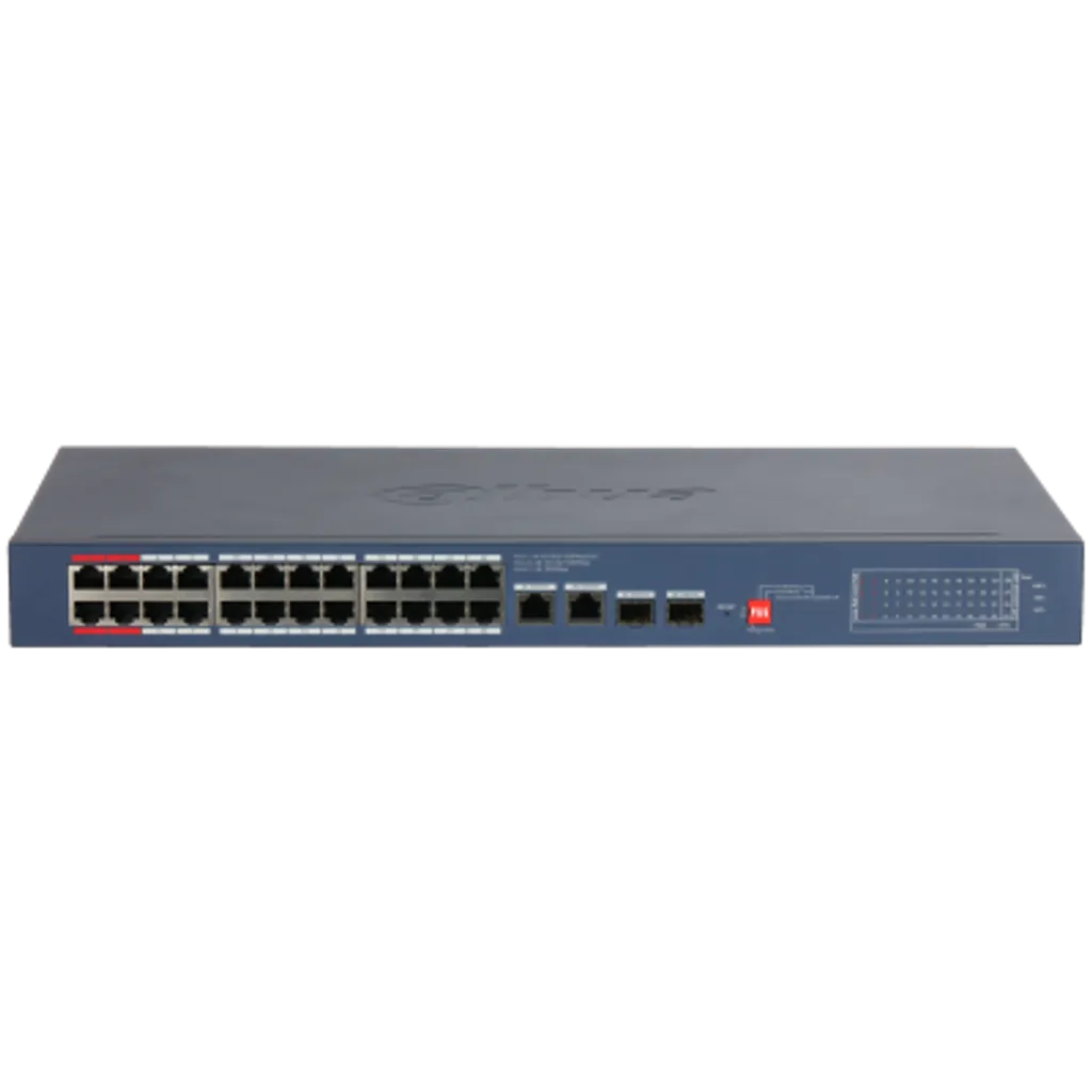 DH-CS4228-24GT-240-V2. Switch Dahua, 24 Puerto PoE ( 10/100/1000 Mbps), 2 Puertos uplink ( 10/100/1000 Mbps), 2 Puertos SFP ( 1000 Mbps ) Administracion en Nube, Capa 2, PoE Total 240W
