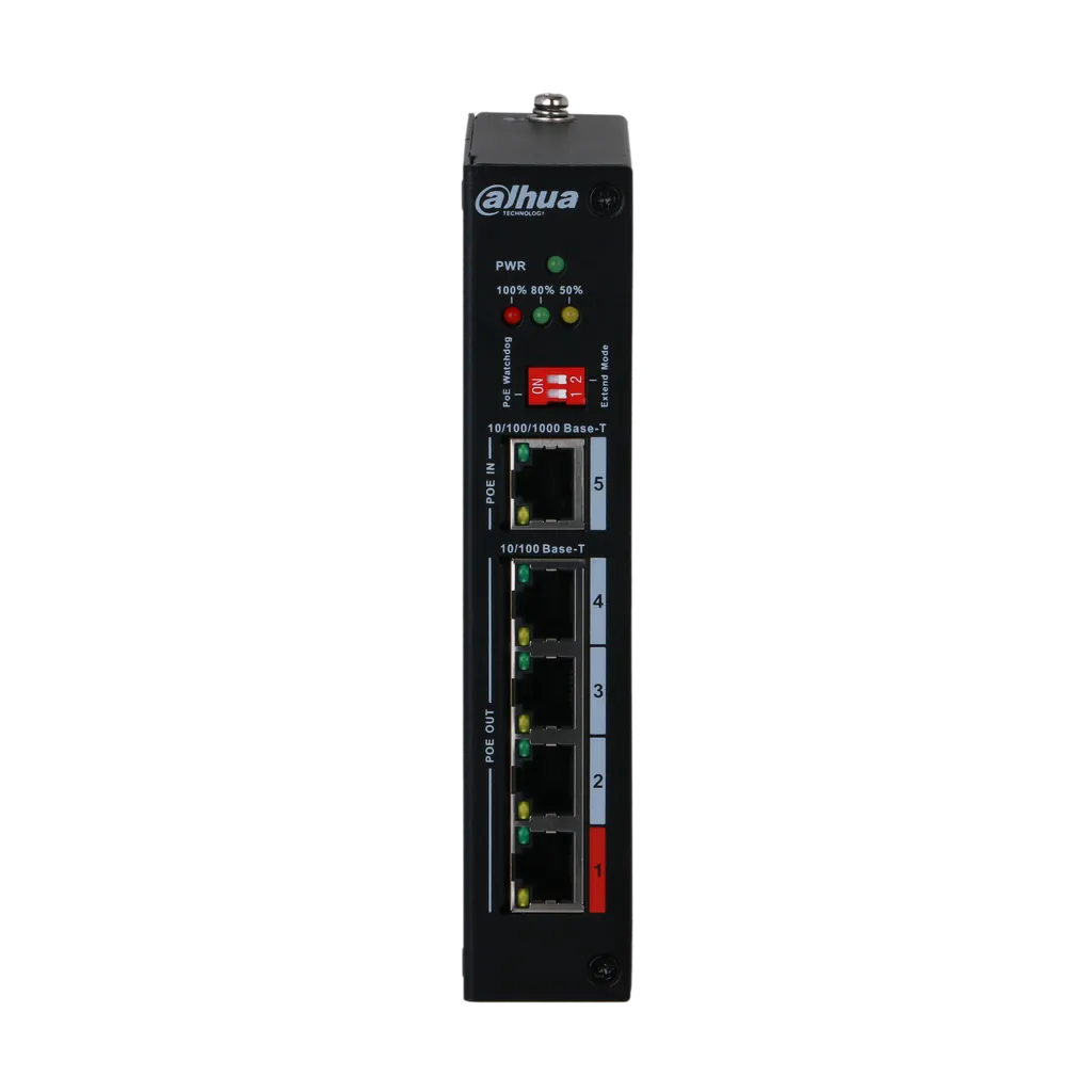DH-PFT1500. Extensor PoE Dahua de 5Puertos 4 puertos 100 Mbps de salida de PoE y 1 Puerto 1000 Mbps de Entrada PoE, a riel din