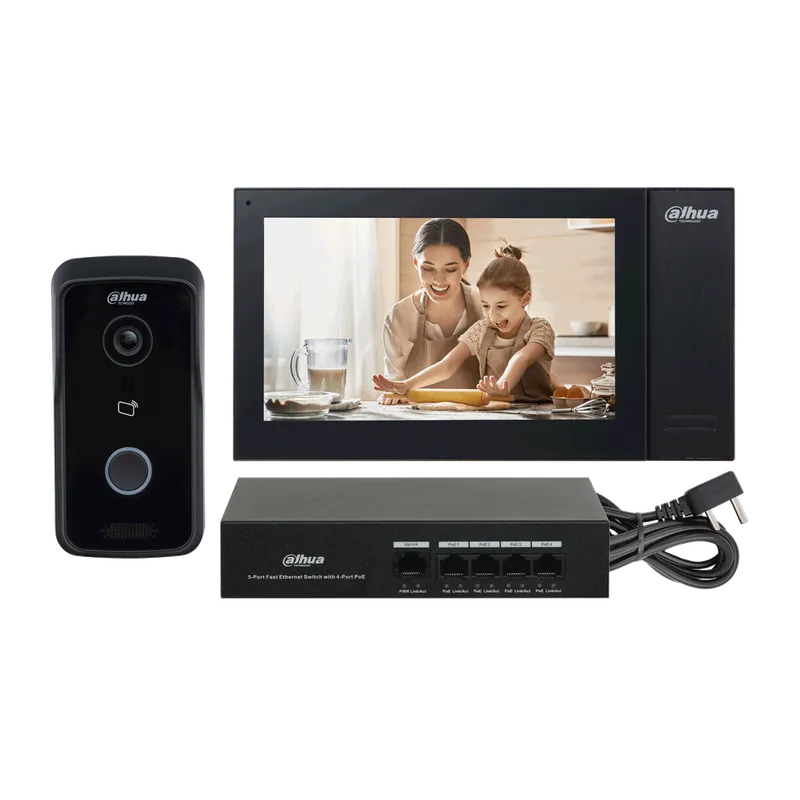 DHI-KTP02/DHI-VTO2111D-P-S3/DHI-VTH2421FB-P. KIT VIDEO PORTERO IP DAHUA. CABLEADO. INCLUYE SWITCH