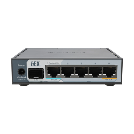 Router hEX S 2025 con CPU dual-core 950MHz, 512MB RAM, 5 Gigabit, SFP 2.5G, USB y RouterOS v7 L4 para redes flexibles.