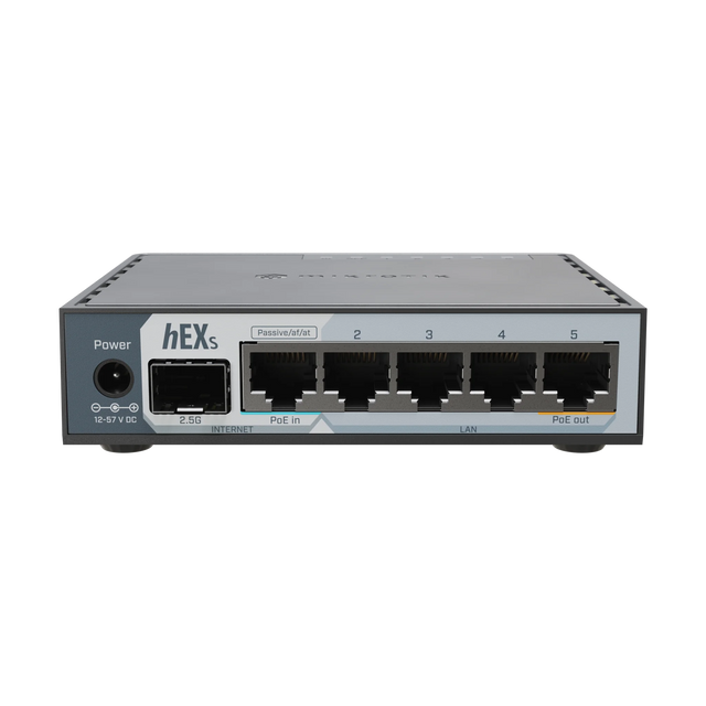 Router hEX S 2025 con CPU dual-core 950MHz, 512MB RAM, 5 Gigabit, SFP 2.5G, USB y RouterOS v7 L4 para redes flexibles.