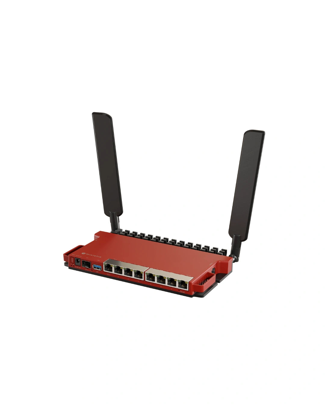 Router L009UiGS con Wi-Fi 6 2.4GHz, 8 puertos Gigabit, SFP 2.5G, USB, 512MB RAM y RouterOS L5. Solución compacta para redes avanzadas.