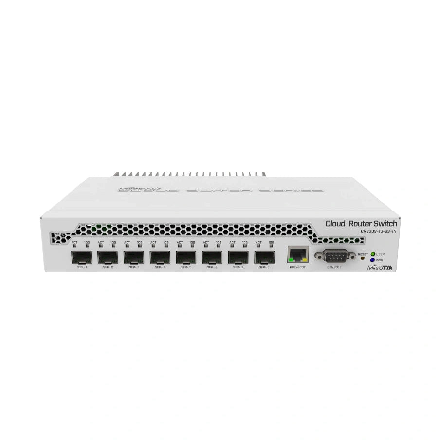 Switch/router compacto con 8 SFP+ 10G y 1 Gigabit, CPU dual core, RouterOS/SwOS y rack ears. Agregación 10G eficiente.