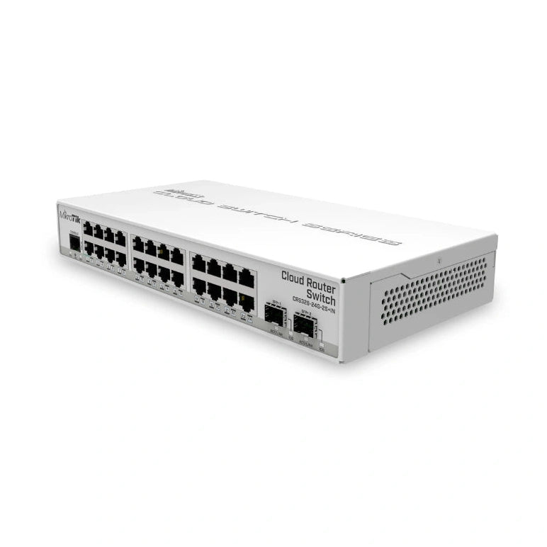 Switch/router desktop con 24 Gigabit y 2 SFP+ 10G, RouterOS/SwOS y fuente incluida. Acceso gestionado con uplinks 10G.