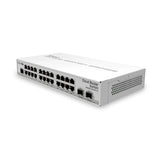 Switch/router desktop con 24 Gigabit y 2 SFP+ 10G, RouterOS/SwOS y fuente incluida. Acceso gestionado con uplinks 10G.