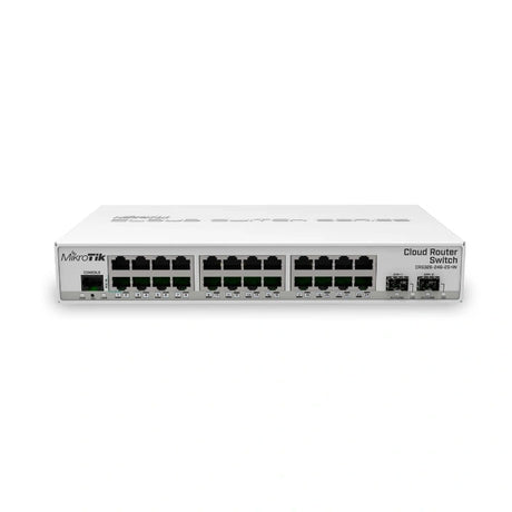 Switch/router desktop con 24 Gigabit y 2 SFP+ 10G, RouterOS/SwOS y fuente incluida. Acceso gestionado con uplinks 10G.