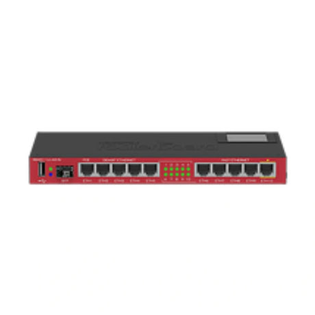 Router RB2011UiAS-IN con puertos Ethernet, SFP, LCD y RouterOS. Solución versátil para routing, switching y administración de red.