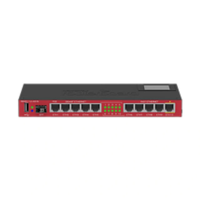 Router RB2011UiAS-IN con puertos Ethernet, SFP, LCD y RouterOS. Solución versátil para routing, switching y administración de red.