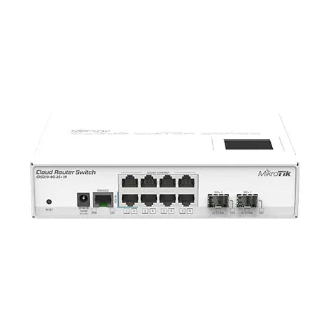 Switch/router con 8 Gigabit y 2 SFP+ 10G, RouterOS/SwOS y formato desktop. Agregación compacta con uplinks de alta velocidad.