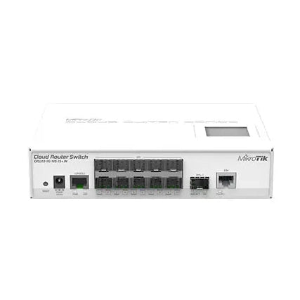 Switch/router de fibra con 10 SFP, 1 SFP+ 10G y 1 Gigabit. RouterOS/SwOS para distribución óptica y enlaces empresariales.