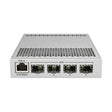 Switch/router compacto con 4 SFP+ 10G y 1 Gigabit, RouterOS/SwOS, gabinete metálico y fuente. Ideal para enlaces 10G accesibles.