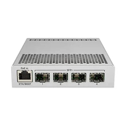 Switch/router compacto con 4 SFP+ 10G y 1 Gigabit, RouterOS/SwOS, gabinete metálico y fuente. Ideal para enlaces 10G accesibles.