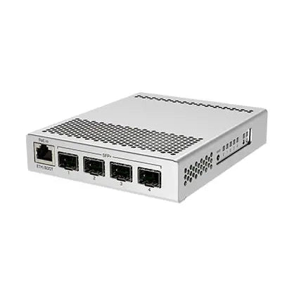 Switch/router compacto con 4 SFP+ 10G y 1 Gigabit, RouterOS/SwOS, gabinete metálico y fuente. Ideal para enlaces 10G accesibles.