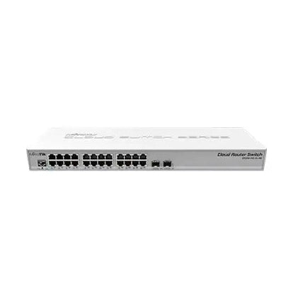 Switch/router rack 1U con 24 Gigabit y 2 SFP+ 10G, RouterOS/SwOS. Ideal para distribución empresarial en gabinetes.