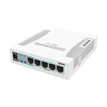 Switch Smart compacto con 5 puertos Gigabit y 1 SFP, sistema SwOS, gabinete plástico y PSU. Ideal para fibra y redes de oficina.