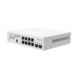 Switch Smart compacto con 8 puertos Gigabit y 2 SFP+ 10G, SwOS y PSU. Ideal para enlaces de fibra y redes de alto rendimiento.