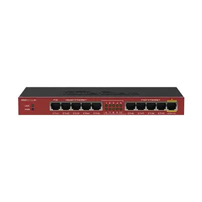 Router RB2011iLS-IN con puertos Ethernet, SFP y RouterOS. Equipo compacto para redes con conectividad cobre/fibra en entornos profesionales.