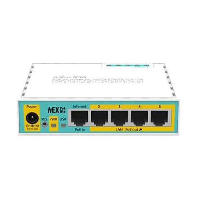 hEX PoE lite con 5 puertos LAN, 4 salidas PoE, USB y RouterOS L4. Solución compacta para alimentar y gestionar equipos de red.