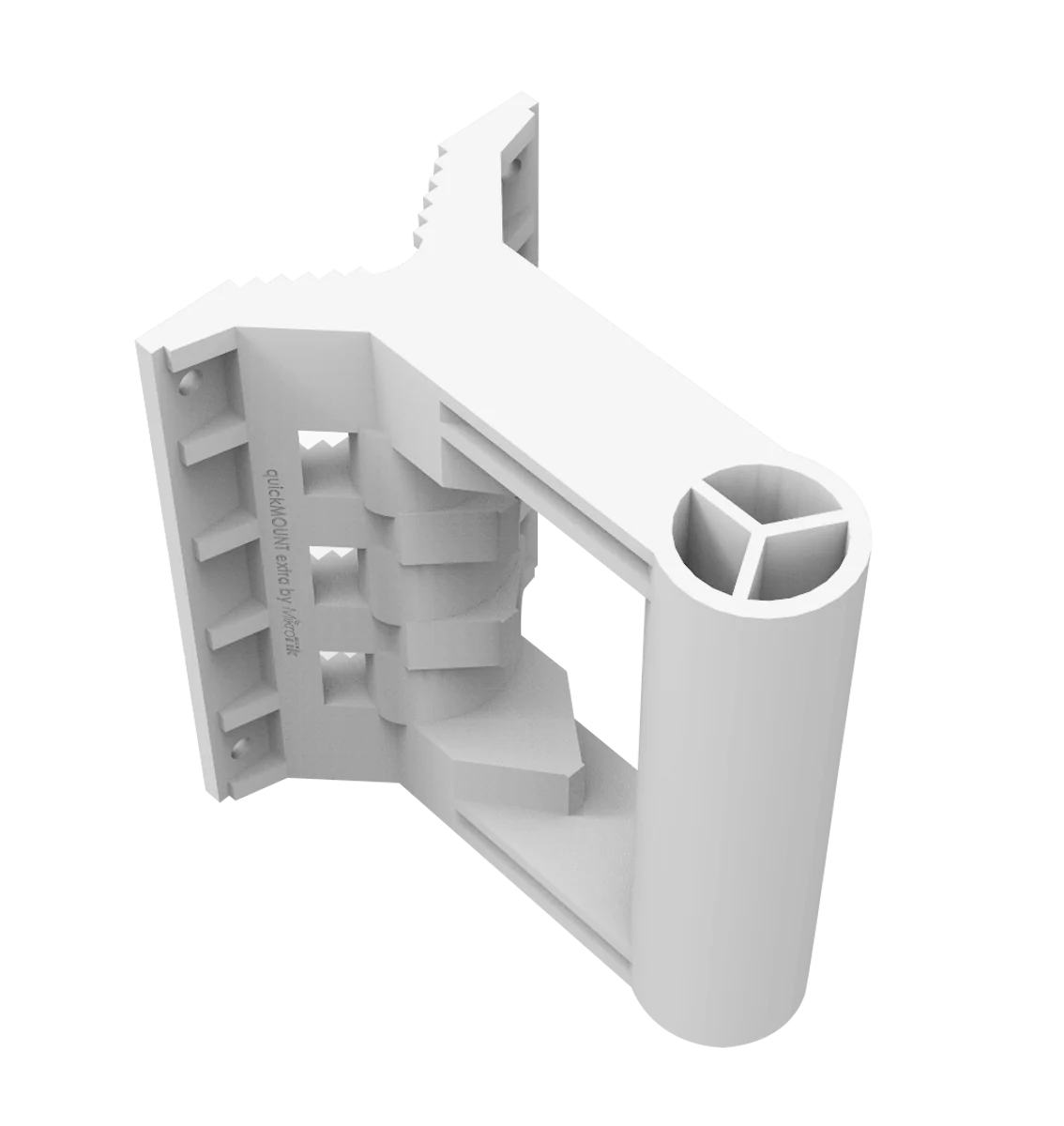 QuickMOUNT Extra MikroTik para montaje exterior ajustable, compatible con varios equipos RouterBOARD y CPE. Facilita orientación precisa y fijación segura.