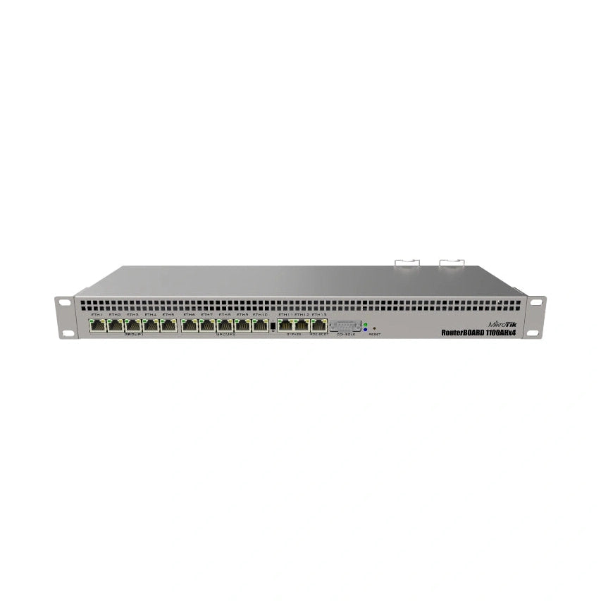 RouterBOARD 1100AHx4 con CPU ARM de 4 núcleos, 13 puertos Gigabit, RouterOS L6 y doble fuente. Router rack 1U para redes empresariales.