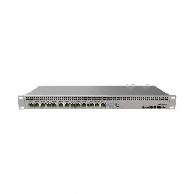 RouterBOARD 1100AHx4 con CPU ARM de 4 núcleos, 13 puertos Gigabit, RouterOS L6 y doble fuente. Router rack 1U para redes empresariales.