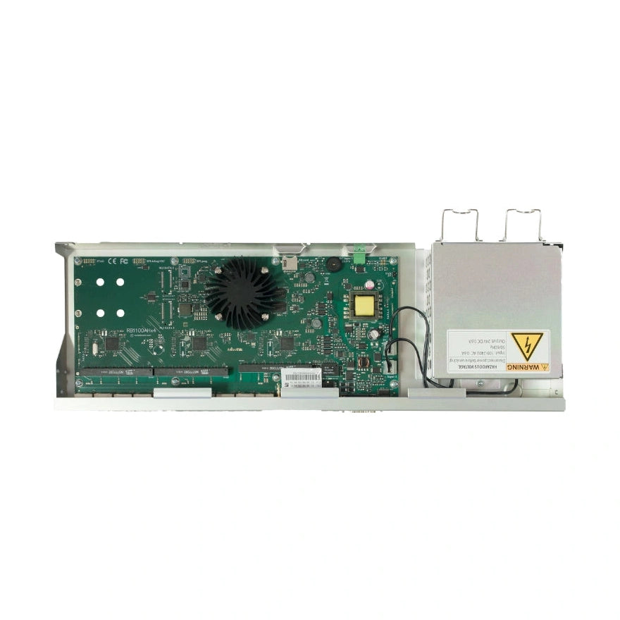 RouterBOARD 1100AHx4 con CPU ARM de 4 núcleos, 13 puertos Gigabit, RouterOS L6 y doble fuente. Router rack 1U para redes empresariales.