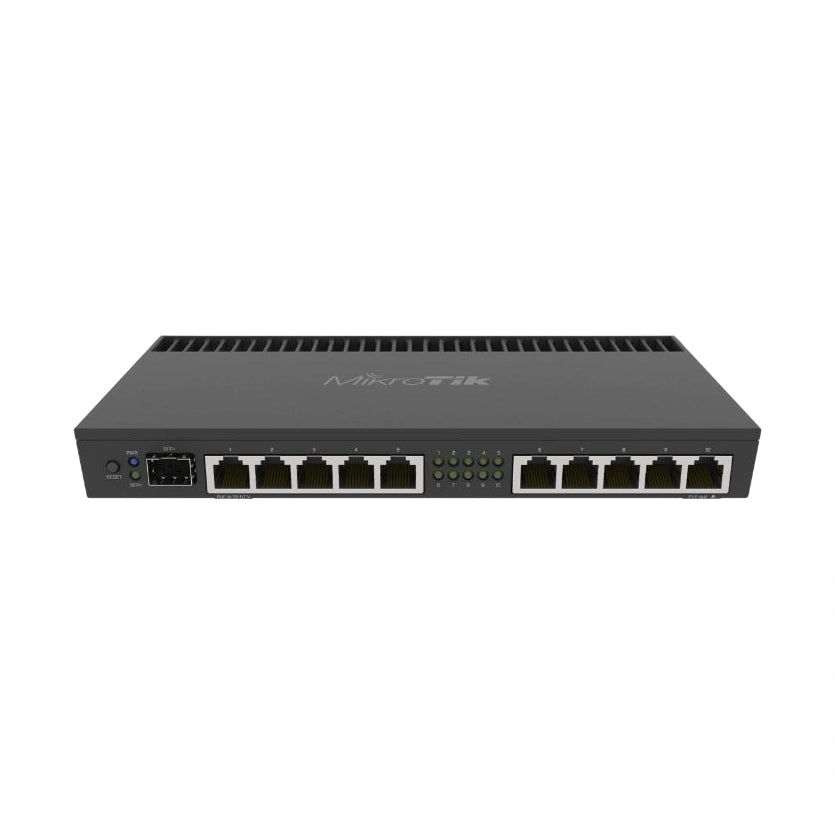 Router RB4011iGS+RM con CPU ARM quad-core, 10 puertos Gigabit, SFP+ y RouterOS L5. Equipo de alto rendimiento para rack o escritorio.