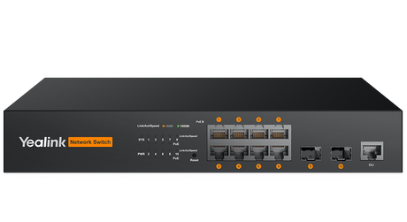 Yealink RCH80  es un switch/hub PoE+ Gigabit para salas de reuniones, usado para conectar y alimentar equipos de audio/video Yealink, como micrófonos, cámaras o dispositivos de videoconferencia. - Gestion y Equipos (G&E)