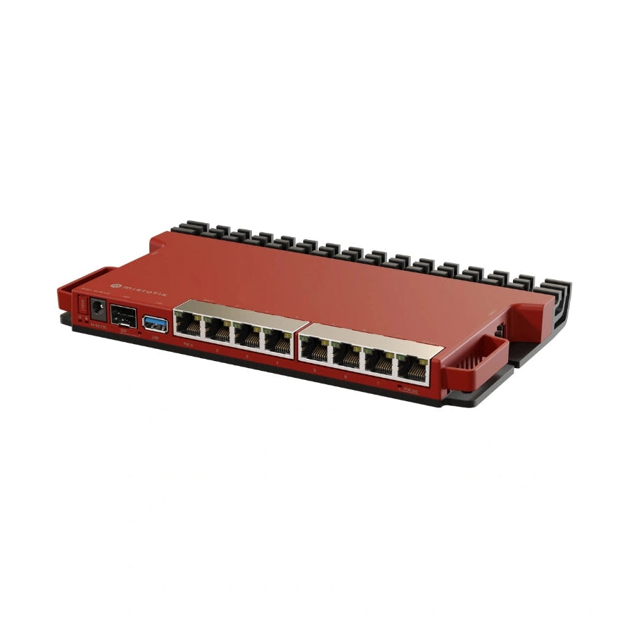 Router L009UiGS-RM con 8 puertos Gigabit, SFP 2.5G, USB, 512MB RAM, RouterOS L5 y formato desktop/rack 1U para redes profesionales.