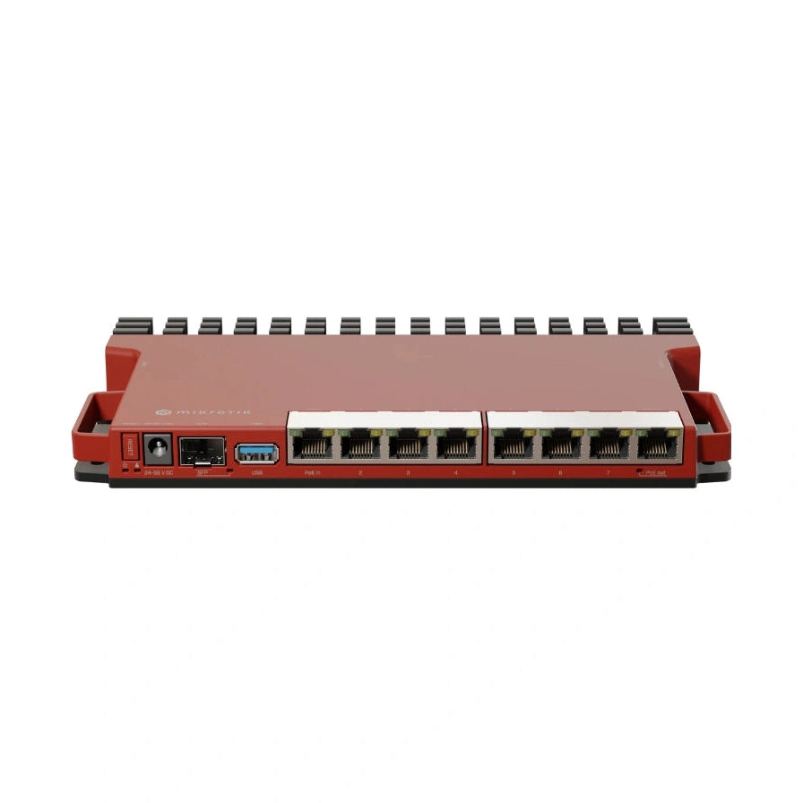 Router L009UiGS-RM con 8 puertos Gigabit, SFP 2.5G, USB, 512MB RAM, RouterOS L5 y formato desktop/rack 1U para redes profesionales.