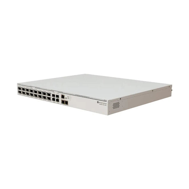 Switch rack 1U con 16 puertos QSFP28 100G y 4 SFP28 25G. CPU quad-core, RouterOS y doble PSU hot-swap para núcleo de red.