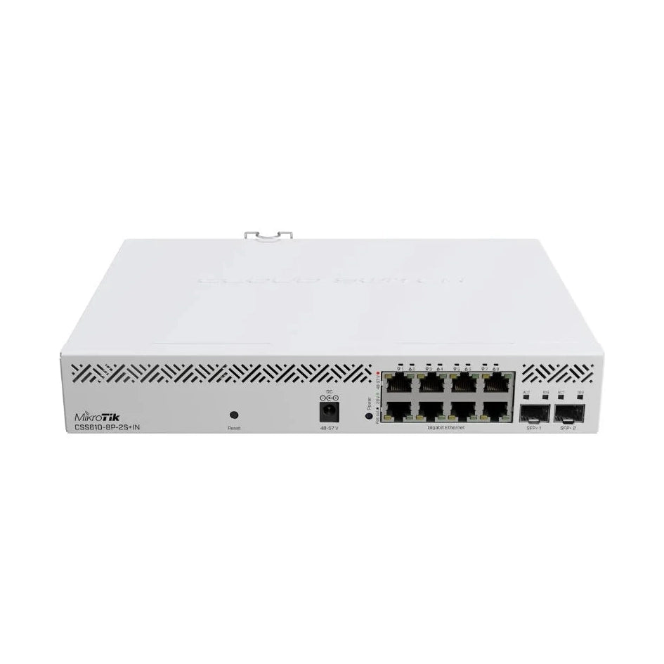 Switch Smart PoE con 8 puertos Gigabit 802.3af/at y 2 SFP+ 10G, SwOS y PSU. Para cámaras, APs y redes empresariales.