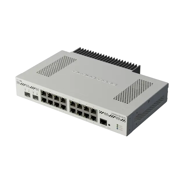 Router CCR2004 desktop con refrigeración pasiva, 16 Gigabit, 2 SFP+ 10G, CPU ARM 4 núcleos, 4GB RAM y RouterOS L6. Alto rendimiento silencioso.