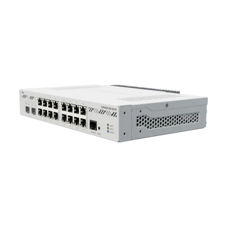 Router CCR2004 desktop con refrigeración pasiva, 16 Gigabit, 2 SFP+ 10G, CPU ARM 4 núcleos, 4GB RAM y RouterOS L6. Alto rendimiento silencioso.