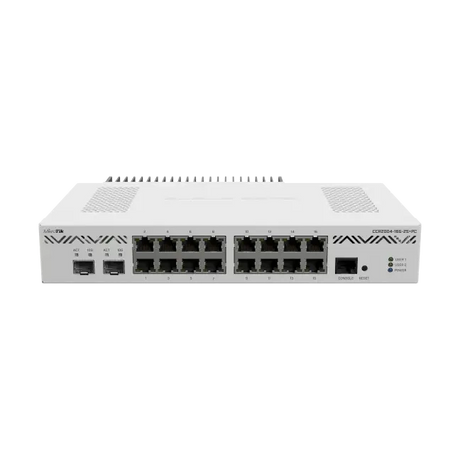 Router CCR2004 desktop con refrigeración pasiva, 16 Gigabit, 2 SFP+ 10G, CPU ARM 4 núcleos, 4GB RAM y RouterOS L6. Alto rendimiento silencioso.