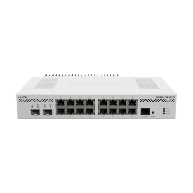 Router CCR2004 desktop con refrigeración pasiva, 16 Gigabit, 2 SFP+ 10G, CPU ARM 4 núcleos, 4GB RAM y RouterOS L6. Alto rendimiento silencioso.