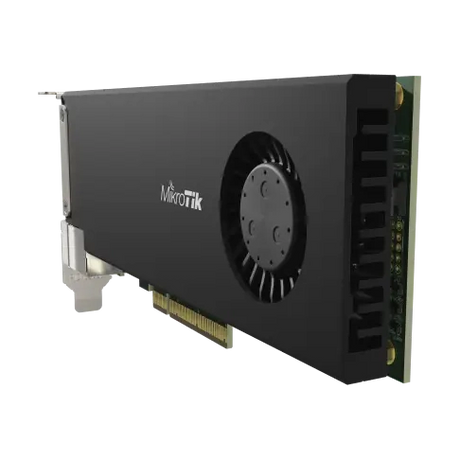 Tarjeta PCIe CCR2004 con CPU ARM 4 núcleos, 4GB RAM, 2 puertos SFP28 25G y 1 Gigabit. RouterOS L6 para routing avanzado en servidores.