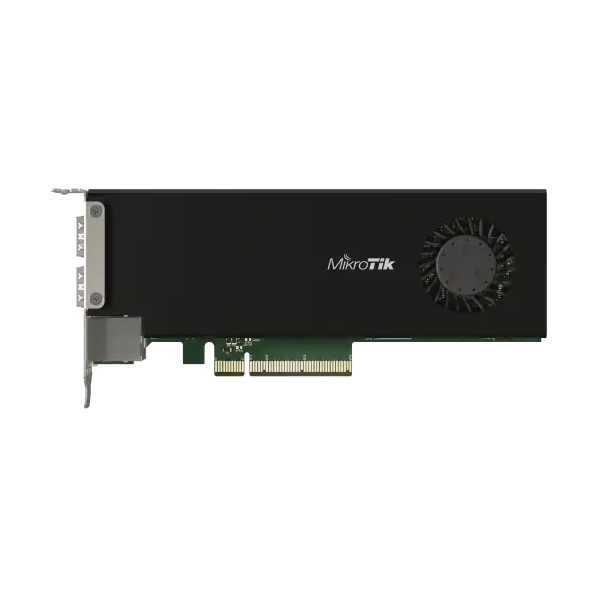 Tarjeta PCIe CCR2004 con CPU ARM 4 núcleos, 4GB RAM, 2 puertos SFP28 25G y 1 Gigabit. RouterOS L6 para routing avanzado en servidores.