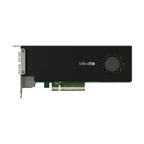 Tarjeta PCIe CCR2004 con CPU ARM 4 núcleos, 4GB RAM, 2 puertos SFP28 25G y 1 Gigabit. RouterOS L6 para routing avanzado en servidores.