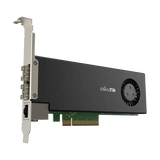 Tarjeta PCIe CCR2004 con CPU ARM 4 núcleos, 4GB RAM, 2 puertos SFP28 25G y 1 Gigabit. RouterOS L6 para routing avanzado en servidores.