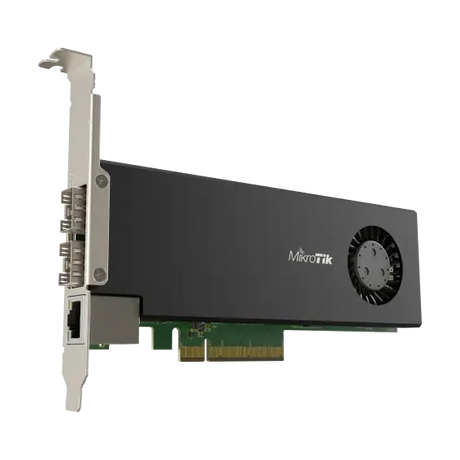 Tarjeta PCIe CCR2004 con CPU ARM 4 núcleos, 4GB RAM, 2 puertos SFP28 25G y 1 Gigabit. RouterOS L6 para routing avanzado en servidores.