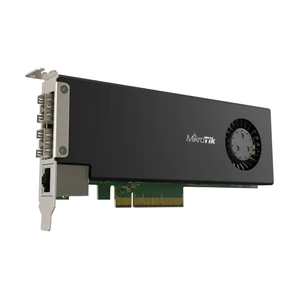 Tarjeta PCIe CCR2004 con CPU ARM 4 núcleos, 4GB RAM, 2 puertos SFP28 25G y 1 Gigabit. RouterOS L6 para routing avanzado en servidores.