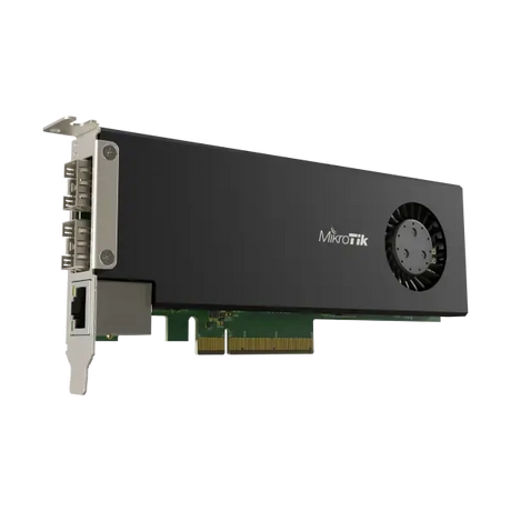 Tarjeta PCIe CCR2004 con CPU ARM 4 núcleos, 4GB RAM, 2 puertos SFP28 25G y 1 Gigabit. RouterOS L6 para routing avanzado en servidores.