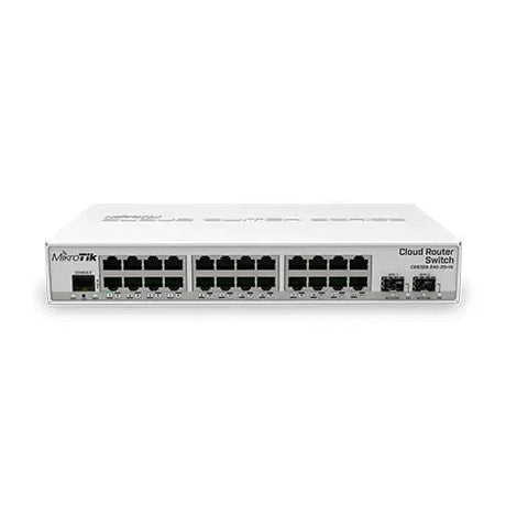 Switch/router desktop con 24 puertos Gigabit, 1 SFP y RouterOS. Ideal para switching gestionado y funciones de routing en pymes.